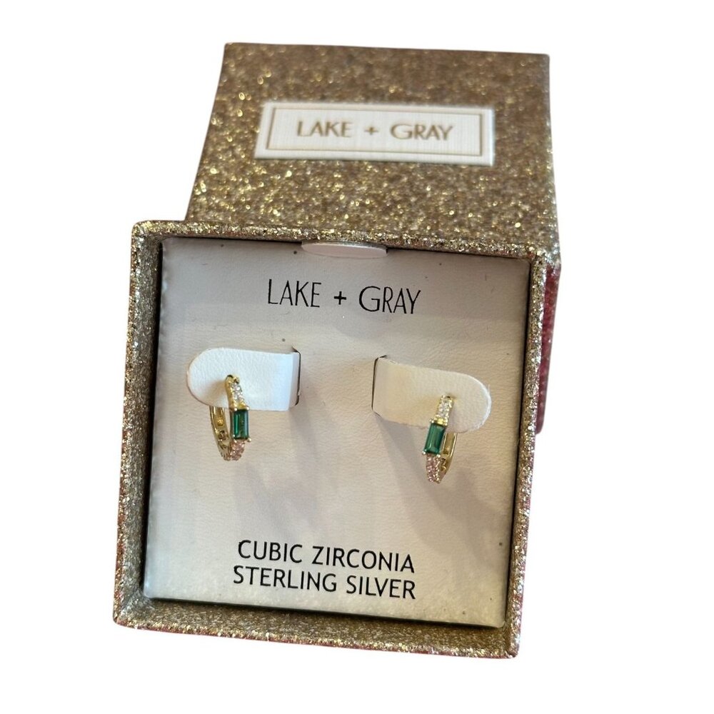 NEW Lake + Gray Gold With Green and White CZ Sterling Silver Huggie Earrings